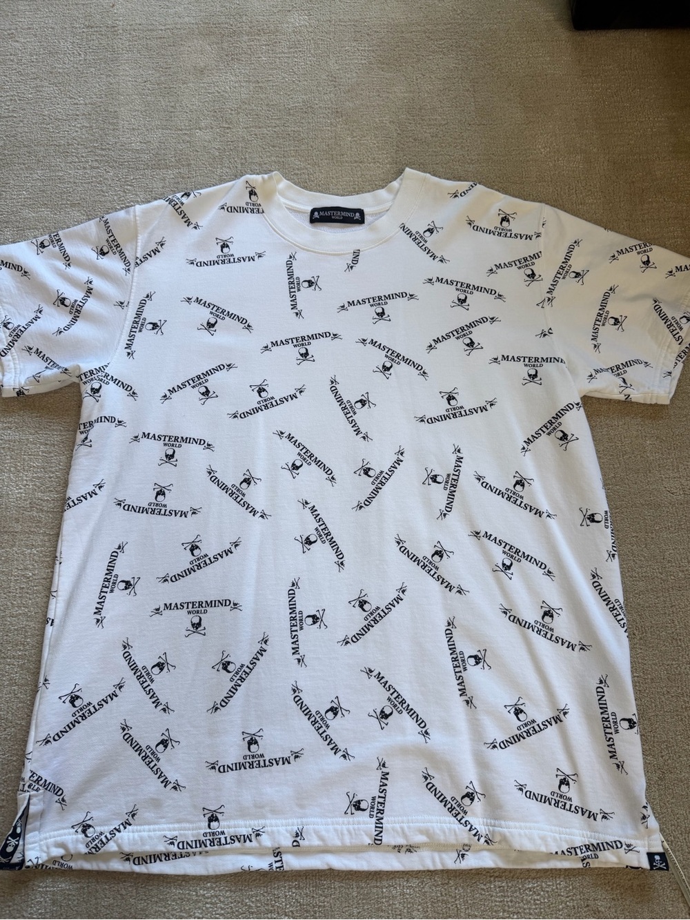 Mastermind Japan White T-Shirt with Black All-Over Logo Print